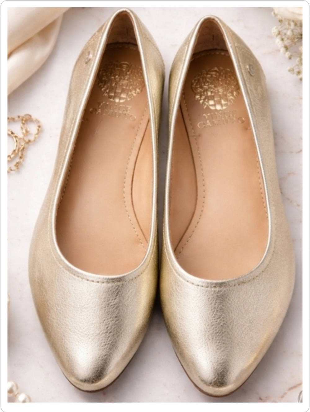 Vince Camuto Minndy Champagne Gold Metallic Leather Ballet Flats Women's Size 10